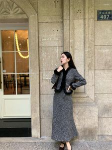 Two Piece Dress Retro Autumn And Winter Women Suit Skirt Set Spliced Fur Tweed Short Coat Fishtail Top Two-Piece