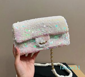 Paillettes lucide Designer donna Borsa classica con patta Cf Hardware in metallo dorato Colori Matelasse Borsa a tracolla con tracolla Borse da sera di lusso Portafoglio Sacoche 20x10cm