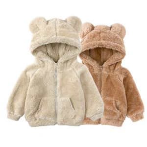 Jackets 2023 Winter Kids Bear Hoodies Thick Coat Solid Zipper With Pocket Sweatshirt Cute For Children Toddler Boy Girl Outfits Jacket 230928