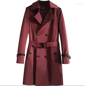 Men's Trench Coats Mens Man Double Breasted Middle Length Coat Men Clothes All-match Spring Autumn Slim Overcoat Long Sleeve Wine Red