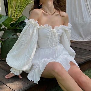 Casual Dresses French Pastoral Style Elegant One Shoulder High Waist A-Line Dress Gentle Sexy Shirring Tie Wood Ear Puff Sleeve