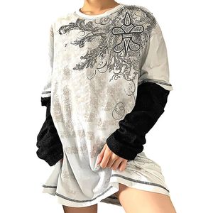 T-shirt da donna Xingqing T-shirt con stampa floreale vintage Donna Autunno Girocollo Camicie a maniche lunghe Femme Casual Streetwear Y2k Top Abbigliamento 230927