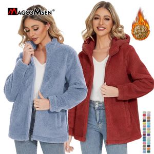 Wollmischungen für Damen Magcomsen Sherpa-Jacken für Damen mit Reißverschluss, flauschiger Teddy-Mantel mit Kapuze/Stand, lässig, mit Fleece gefüttert, für den Winter, flauschige Damen-Freizeitmäntel 230927