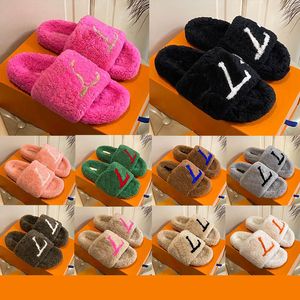 2023 Paseo Comfort Furry Fluffy Luxus Designer Slides Damen Fell Hausschuhe für Männer Frauen Grün Schwarz Weiß Sandalen Indoor Wolle Gummi Hausschuhe Damen Hausschuhe