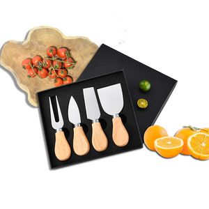 Narzędzia do sera nóż masło 4pcs/zestaw drewniany uchwyt narzędzia do sera Ustaw serowy nóż narzędzia do gotowania w czarnym pudełku Q603
