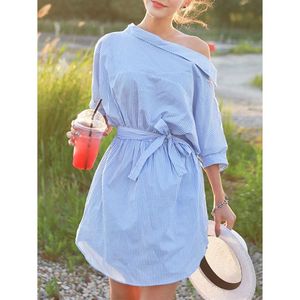 Striped One-Shoulder light blue casual dress for Women - Summer Asymmetrical Clothing (Style 307D)