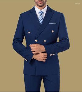 Men's Suits Fashion Cool Tuxedos Custome Homme Terno Slim Blazer Peaked Lapel Double Breasted Men Suits(Jacket Pant Tie Handkerchiefs Vest)
