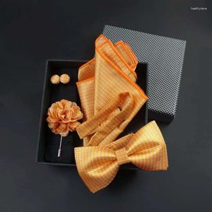 Handdukar 2023 Gåvor för män Bowtie Pocket Square Paisley Houndstooth Bow Tie Handkakor Hanky ​​Cufflink Box Set Borboleta Gravata