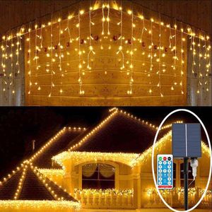 6m 288Led Solar Christmas Lights Icicle String Ljus Vattentät gardinljus för hem sovrum uteplats trädgårdsgård bröllop fest h1267z