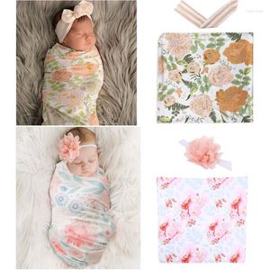 Decken 2 Stück Born Floral Swaddle Wrap Stirnband Set Baby Baumwolle Empfangsdecke Schlafsack Haarband Bettwäsche