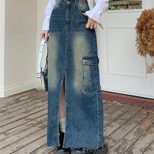 Röcke Koreanischen Stil Hohe Taille Lose A-linie Denim Rock Für Frauen Vorne Split Knöchel-länge Weibliche Studenten Preppy Tasche