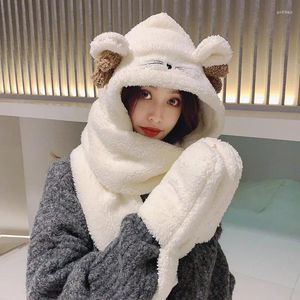 Hats Scarves Gloves Sets 2023 Hat Female Cycling Autumn Winter Versatile Plush Warm Hooded Scarf One Lovely Ear Cotton Berber Fleece