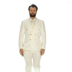 Herrenanzüge Elfenbein Herren 2 Stück Spitzen Revers Zweireihig Slim Kostüm Homme Hochzeit Bräutigam Smoking Terno Masculino Prom Blazer