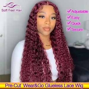 Synthetic Wigs Wear And Go Glueless Human Hair Wig 99J Color Deep Wave 4x4 Lace Closure Burgundy Curly Pre Cut Ready To 230927