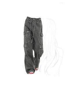 Kadın Pantolon Kadın Koyu Gri Kargo Kot Pantolon Y2K Retro Moda Sokak Giyim Vintage Yüksek Bel Bol Pantolon Harajuku Günlük Geniş Bacak 2023