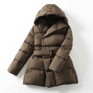 Damen-Daunenparkas 2023 Winter-Damen-Daunenjacken, ultraleichter, warmer, lässiger Mantel, weibliche Pufferjacke mit Gürtel, Übergröße mit Kapuze, Parka-Mantel J230928