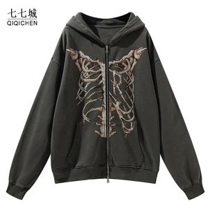 Jaquetas masculinas Harajuku Streetwear Moletom Homens Crânio Impressão Hoodies Jaqueta Zipper Esqueleto Casaco Hip Hop Oversize Lavado Outerwear Casual Tops 230927