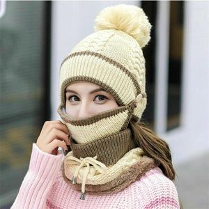 Hats Scarves Gloves Sets All-In-One Knitted Cap Windproof Beanies Hat Women Warm Knit Scarf Winter Padded Mask Neck Protector Cycling Wool