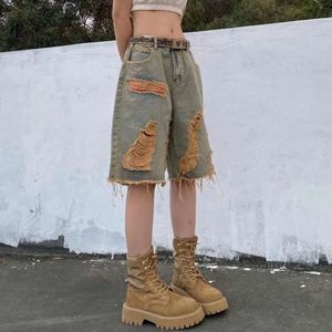 Denim for Women Vintage Hole Trendy High Street Y2K Jeans Shorts Female Summer New Baggy Wide Leg Short Pants