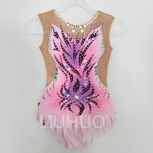 Stage Wear LIUHUO Body da ginnastica ritmica Ragazze Stampa rosa Strass scintillanti Competizione Performance Personalizza