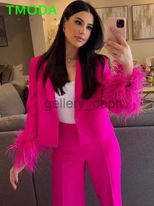 Women's Suits Blazers T MODA 2023 Autumn Women Hot Pink Feathers Blazer Ladies Loose Long Sleeve Single Button Office Jacket Female Chic Outwear J230928