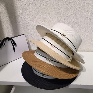 レターレディストローハットホワイトリボンワイドブリム帽子細い黒いライン女性エレガントな気質Sunhats230k