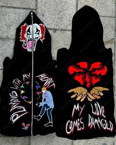 Kadınlar Amerikan Sonbahar ve Kış Palyaço Kalp Kırağı Siyah Kapşonlu Ceket Y2K Kadınlar LAX Yüksek Gotik Fermuarlı Carkalı Hoodie YQ230928