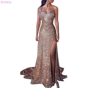 2024 Plus Size aftonklänning Kvinna Neck hängande bankett elegans sexig en axel varm guld lång fest prom klänningar kvinnor