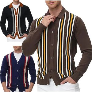 Suéteres masculinos homens design de malha cardigan manga longa listrado outono inverno moda elegante casual quente masculino camisola casaco 230927