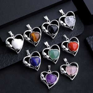 Natural Stone Love Hearts Lapis Opal Rose Quartz Pendant Green Aventurine Tiger Eye Charms för halsband smycken