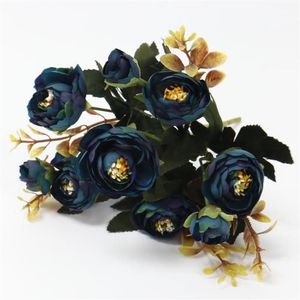 1 buquê com 9 cabeças de pano de seda artificial, flores falsas, folhas, peônia, floral, casa, festa de casamento, decoração de casa, rosa azul, pequeno bouquet1262b