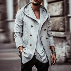 Men's Trench Coats Men Double-breasted Coat Winter Stylish Hooded Mid Length Solid Color Soft For Fall/winter