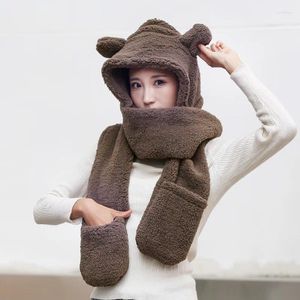 帽子のスカーフグローブセット冬のトレンディな温かい柔らかい子羊のカシミア帽子とスカーフはかわいいクマの耳を厚くしたぬいぐるみキャップストリートウェアセット