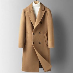 Men's Wool Blends Autumn Winter Men Overcoat Lapel Collar Patch Pocket Doublebreasted Solid Color Cardigan Warm Slim Long Woolen Coat 230927