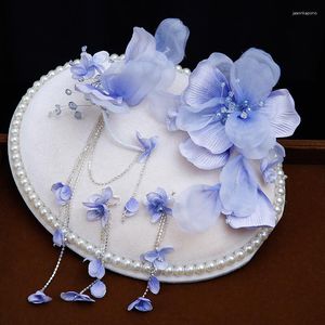 Başlıklar peri fantezi mavi-mor gelin baş çiçek asimetrik tasarım algılama saç başlık düğün aksesuarları