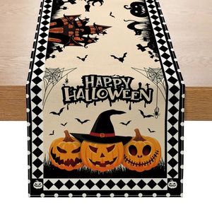 Andra evenemangsfestleveranser Halloween Linen Table Runner Happy Decoration for Home Kids Trick or Treat Pumpkin Bat Horror 230921