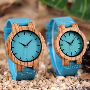 Luxury Royal Blue Wood Watch Top Quartz Wristwatch 100% Natural Bamboo Clock Casual Leather Band Valentine's Day Gifts for Me186Q