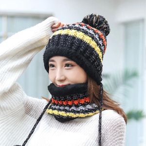 Hats Scarves Gloves Sets Women's Winter Hat Color Block Warm Plus Thicken Scarf And Two-piece Knit Windproof Cap For Women Girls Beanie