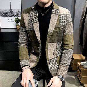 Herr ull blandar män ull blazer 2023 Autumn Winter Fleece Warm Plaid Jacket Streetwear Casual Slim Fit Coat Fashion Clothing 230928