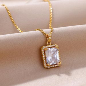 Pendant Necklaces Women's Necklace 18K Gold Plated Jewelry Luxury Shiny Crystal Square Zircon Body Decorate Aesthetic Charm Accessorie