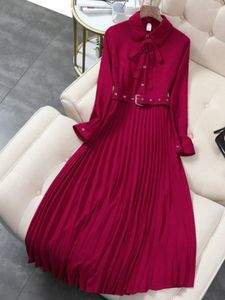 Casual Dresses Spring Autumn Elegant Wine Red Women's Pleated Dress 2023 Korean Clothing Long Sleeve Vintage Chiffon Shirt Female Robe