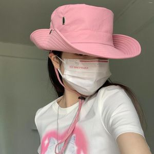 Береты Ковбойская шляпа в стиле вестерн, женская рыбацкая шляпа с завязками розового цвета с фигурными краями, летние солнцезащитные кепки, кепка для альпинизма на открытом воздухе