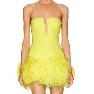 Casual Dresses Arrivals Feathers Women Bandage Dress Yellow Deep V Neck Off Shoulder Mini Outfits Sexy Nightclub Party Ladies Vestidos