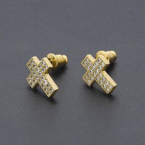 18K Gold Bling Kübik Zirkonya Çapraz Küpe Çıtçıtları Erkekler Kadın Hip Hop Saplama Küpe Bo3048 için Elmas Rapçi Takı Hediyeleri Buzlu