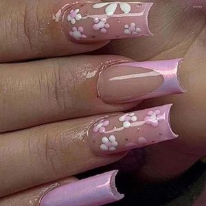 False Nails French Fashion Full Cover Aurora Pink White Flowers Fake Nials Long Square Detachable Nail Tips DIY