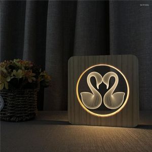 Luzes noturnas amor cisnes forma 3d led arílico lâmpada de madeira mesa interruptor controle escultura para quarto infantil decorar