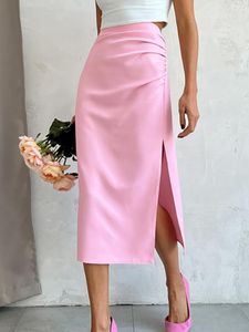 Юбки с разрезом, розовая юбка для женщин, с высокой талией, эстетичная Faldas Escocesas De Mujer, облегающее летнее платье на молнии, корейская модная одежда