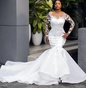 Blask African Women Plus Size Mermaid Suknie ślubne na bułkę panny młodej cekiny ślubne suknie ślubne długie rękawy vestidos de boda