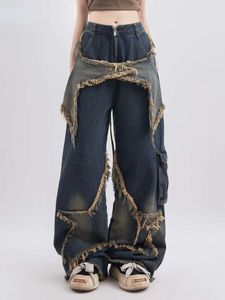 Amerikanische Retro Hohe Taille Übergroße Jeans Hosen Für Frauen Casual Baggy Y2K Breite Bein Grunge Streetwear Patchwork Denim Hosen