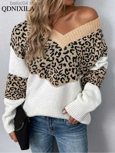 Kvinnors tröjor 2023 Autumer Winter V-Neck Pullover Leopard Print drar Jumper Kvinnlig stickblus Långa ärmar Löst varma kvinnor toppar tröja T230928